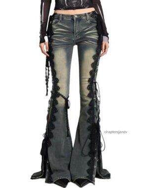 Y2K Punk Dragon Print Flare Jeans Slim Fit Low Rise with PU Belt Grunge